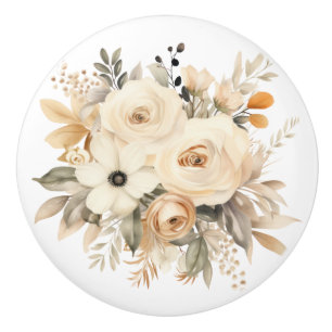 Bouton De Porte En Céramique Élégant Bouton en Céramique Fleurs Beige Marron