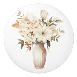 Bouton De Porte En Céramique Élégant Bouton en Céramique Fleurs Beige Marron