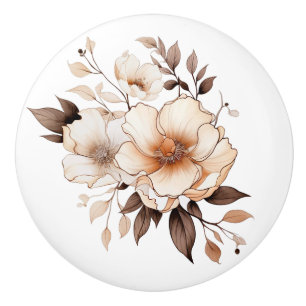 Bouton De Porte En Céramique Élégant Bouton en Céramique Fleurs Beige Marron