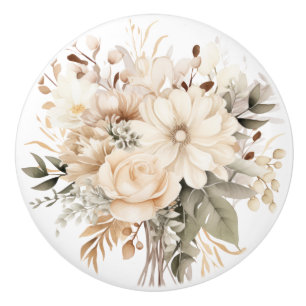 Bouton De Porte En Céramique Élégant Bouton en Céramique Fleurs Beige Marron