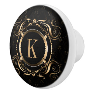 Bouton De Porte En Céramique Élégant cadre Floral Or Monogramme