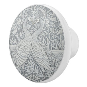 Bouton De Porte En Céramique Élégant Deux Peacocks Romance, Art d'hiver, Morris