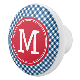 Bouton De Porte En Céramique Élégant En vichy bleu pique-nique et monogramme