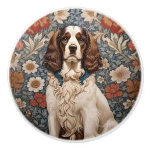 Bouton De Porte En Céramique Élégant Épagneul sur Fond Floral