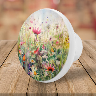 Bouton De Porte En Céramique Elégant Fleur sauvage floral aquarelle Botanique
