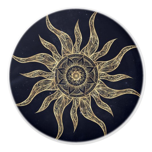 Bouton De Porte En Céramique Elégant Gold Sun Mandala Blue Nebula Design (Devant)