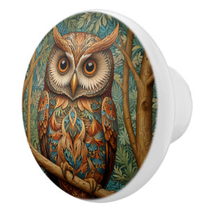 Bouton De Porte En Céramique Élégant hibou rétro boho bohème bohème forêt verte