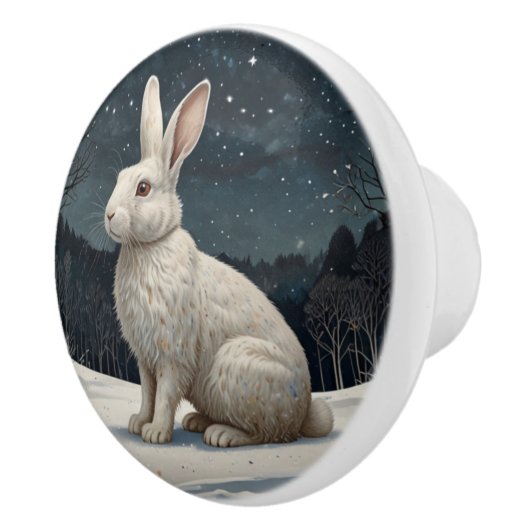 Bouton De Porte En Céramique Elégant lapin blanc Noël forêt enneigée (Droite)
