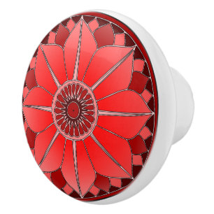 Bouton De Porte En Céramique Élégant Lotus Mandala Floral Rouge