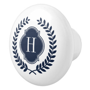 Bouton De Porte En Céramique Élégant Monogramme de couronne bleu nuit