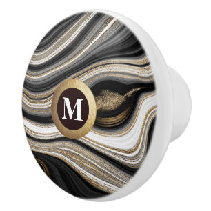 Bouton De Porte En Céramique Élégant Monogramme Noir Or Blanc Agate