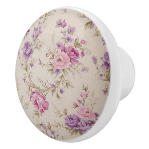 Bouton De Porte En Céramique Élégant Pastel Rose & Purple Garden Blooms