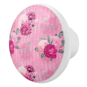 Bouton De Porte En Céramique Elégant rose Vintage Roses Argent Parties scintill