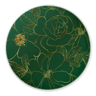 Bouton De Porte En Céramique Elégant Roses or Floral Dessin Vert Design