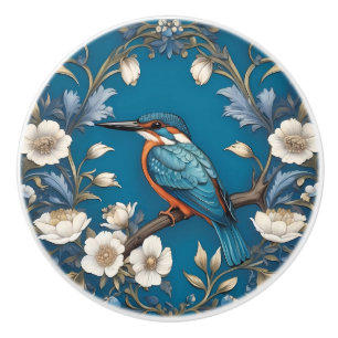 Bouton De Porte En Céramique Élégant turquoise Kingfisher Bird Floral