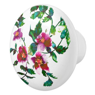 Bouton De Porte En Céramique Elégante aquarelle moderne fleur sauvage rose fonc