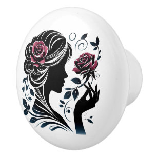 Bouton De Porte En Céramique Elégante dame aux fleurs artisanales