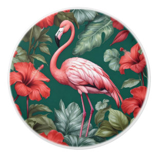 Bouton De Porte En Céramique Elégante Flamant rose Hibiscus Fleurs Emerald Gree