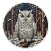 Bouton De Porte En Céramique Élégante forêt d'hiver de chouette blanche boho (Devant)