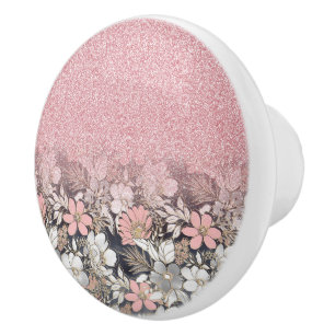 Bouton De Porte En Céramique Élégante Parties scintillant dorée rose floral