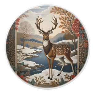 Bouton De Porte En Céramique Élégante scène hivernale de cerfs