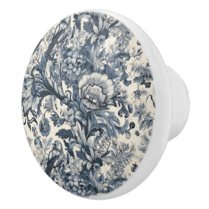 Bouton De Porte En Céramique Elégante Toile Florale Bleu Vintage Fleurie