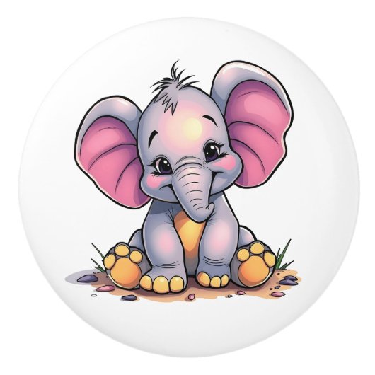 Bouton De Porte En Céramique Éléphant de bébé mignon  (Devant)