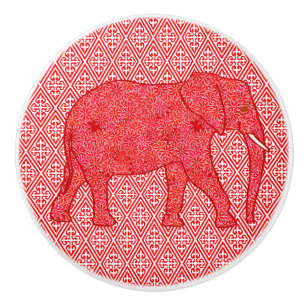 Bouton De Porte En Céramique Eléphant de fleurs, rouge profond et corail