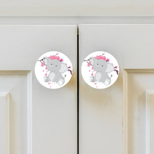 Bouton De Porte En Céramique Eléphant gris mignon rose Fleurs de cerises japona