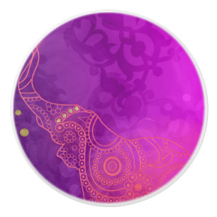 Bouton De Porte En Céramique Éléphant Violet Rose Orange & Or Chic Glam