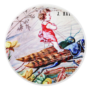 Bouton De Porte En Céramique Enfants Riding Grasshoppers