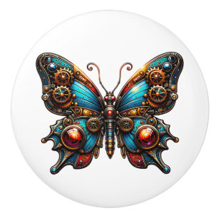 Bouton De Porte En Céramique Engrenages Steampunk et Papillon 