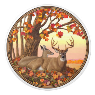 Bouton De Porte En Céramique Érable d'automne du cerf blanc