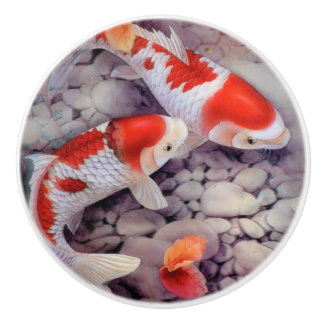 Bouton De Porte En Céramique Étang à poissons rouge et blanc de Koi
