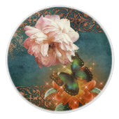 Bouton De Porte En Céramique Ethereal Butterly Bokeh et Peony Turquoise et Peac (Devant)