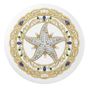 Bouton De Porte En Céramique Étoile de mer cristal doré 2D gemme
