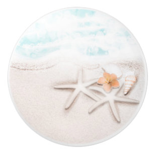 Bouton De Porte En Céramique Étoile de mer de plage de sable blanc Océan bleu t