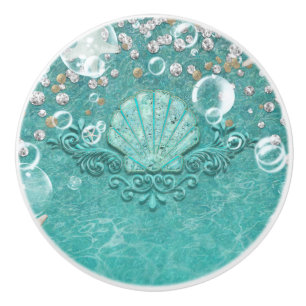 Bouton De Porte En Céramique Étoile de mer enchantée sarcelle et bulles Océan P