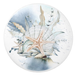 Bouton De Porte En Céramique Étoile de mer et coquillage aquarelle côtière