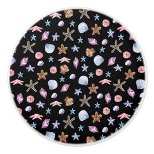 Bouton De Porte En Céramique Étoile de mer et coquillage bleu et violet de l'ét