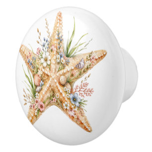 Bouton De Porte En Céramique Étoile de mer florale accent de plage côtière océa