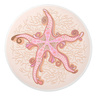 Bouton De Porte En Céramique Étoiles de mer et motif pastel rose corail