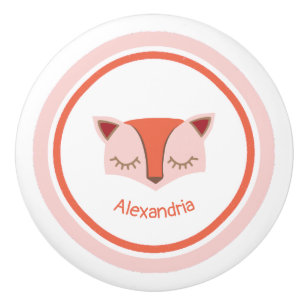 Bouton De Porte En Céramique Face de renard rose et orange de bois