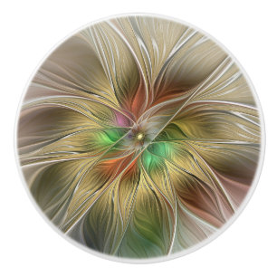 Bouton De Porte En Céramique Fantaisie florale avec fractal abstrait moderne or