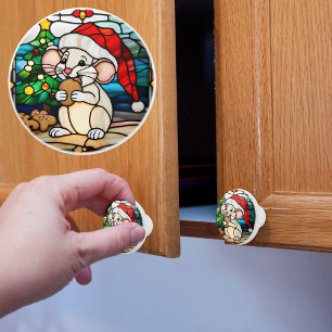Bouton De Porte En Céramique Faux Verre Peint Noël Souris Mangeant un Biscuit