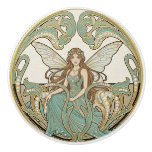 Bouton De Porte En Céramique Fée Sage Vert et Or Art Déco Nouveau