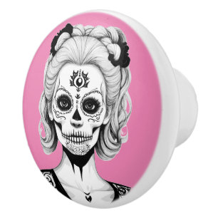 BOUTON DE PORTE EN CÉRAMIQUE FEMME À TÊTE DE CRÂNE