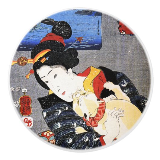 Bouton De Porte En Céramique Femme avec chat (Devant)