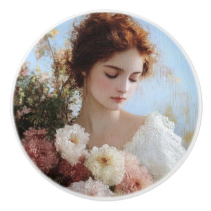 Bouton De Porte En Céramique Femme Élégante avec Peinture de Fleurs