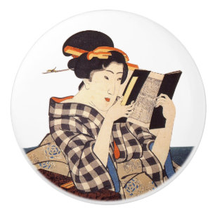 Bouton De Porte En Céramique Femme japonaise vintage en bois Lecture
